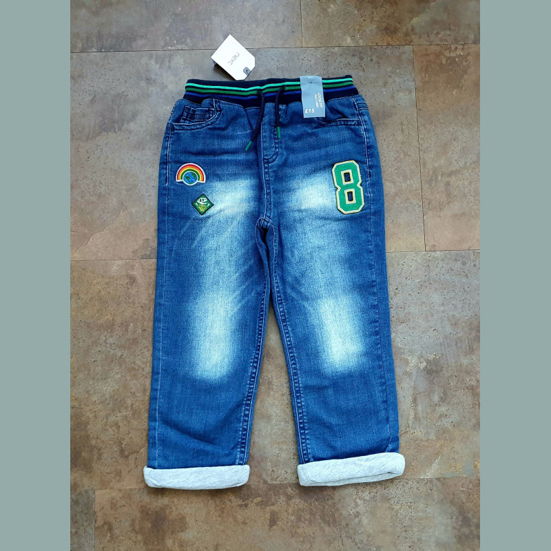 Next Jungen Jeans Hose Denim Gummizug Regenbogen blau warm wattiert